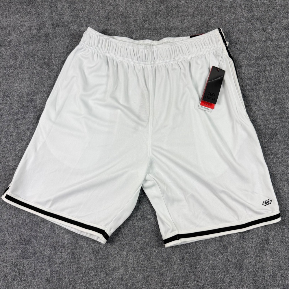 LEG3ND Mens Basketball Shorts White Black Trim Athletic Gym Activewear L‎